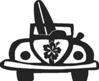 Volkswagen carrying a surf board, and a Hibiscus flower painted on the front, Vinyl cut decal