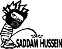 Calvin wearing a gas mask peeing on Saddam Hussen, Vinyl cut decal