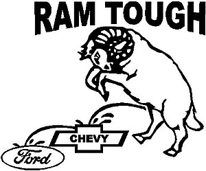 Dodge, Ram Tough, A Ram peeing on Chevy and Ford, Vinyl cut decal
