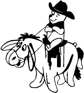 Cowboy Winnie the pooh riding Eeyore like a horse with a saddle, Vinyl cut decal