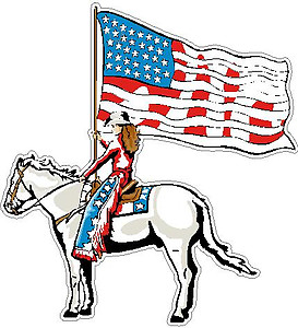 Cowgirl holding an American Flag while riding a horse, Full color Decal