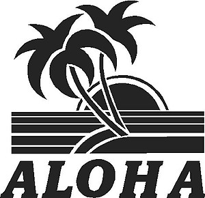 Aloha, with a palm tree and sun set, Vinyl cut decal