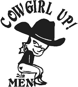 Cowgirl up!, Cowgirl Calvin peeing on Men, Vinyl decal sticker