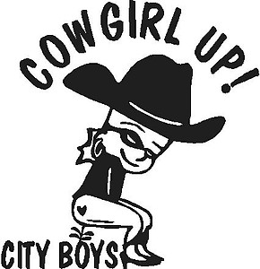 Cowgirl up!, Cowgirl Calvin peeing on city boys, Vinyl decal sticker