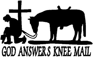 God answers knee mail, cowboy and his horse praying at a cross, Vinyl cut decal