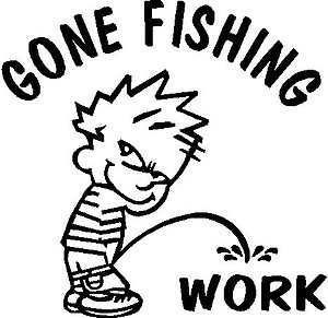 Gone Fishing, Calvin peeing on Work, Vinyl cut decal