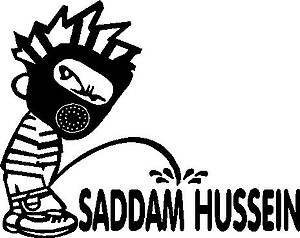Calvin wearing a gas mask peeing on Saddam Hussen, Vinyl cut decal