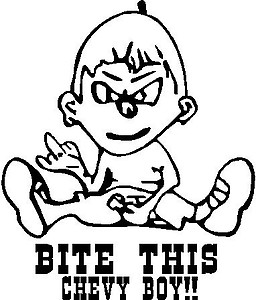 Bite this Chevy boy, holding himself and flipping you off, Vinyl decal sticker