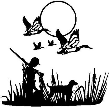Duck hunter and his Lab, with flying ducks overhead, Vinyl cut decal