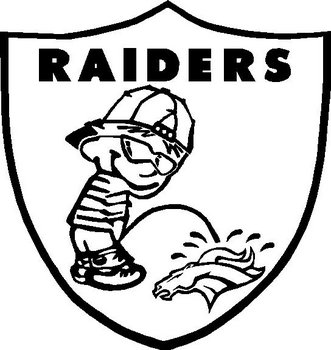 Raiders Shield with calvin peeing on Broncos, Vinyl decal Sticker