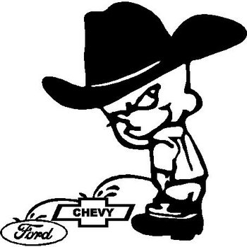 Cowboy Calvin peeing on the Chevy and Ford, Vinyl decal sticker