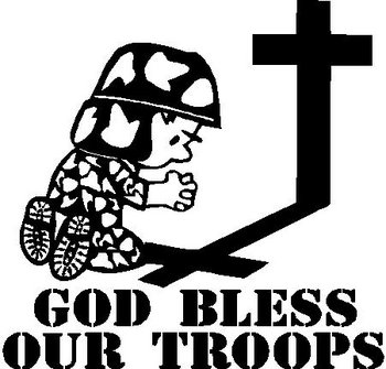God Bless Our Troops, Military Calvin praying at the Cross. Vinyl cut decal