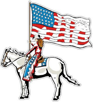 Cowgirl holding an American Flag while riding a horse, Full color Decal