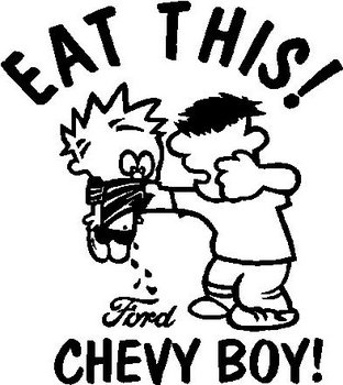 Eat This Chevy Boy, Calvin getting hit for peeing on a Ford Logo, Vinyl cut decal