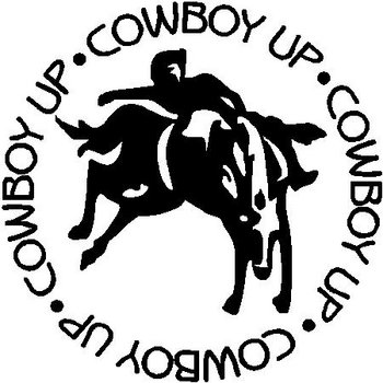 Cowboy up, with a bucking horse rider, Vinyl cut decal
