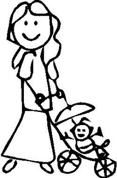 Girl, 4.9 inch Tall, Pushing baby Stroller, stick people, vinyl decal sticker